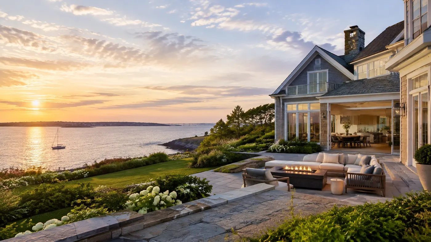 Light-filled custom Rhode Island home with a view toward the water